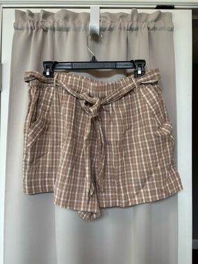 Jessica Simpson Taupe Plaid Paperbag Waist Shorts with Tie
